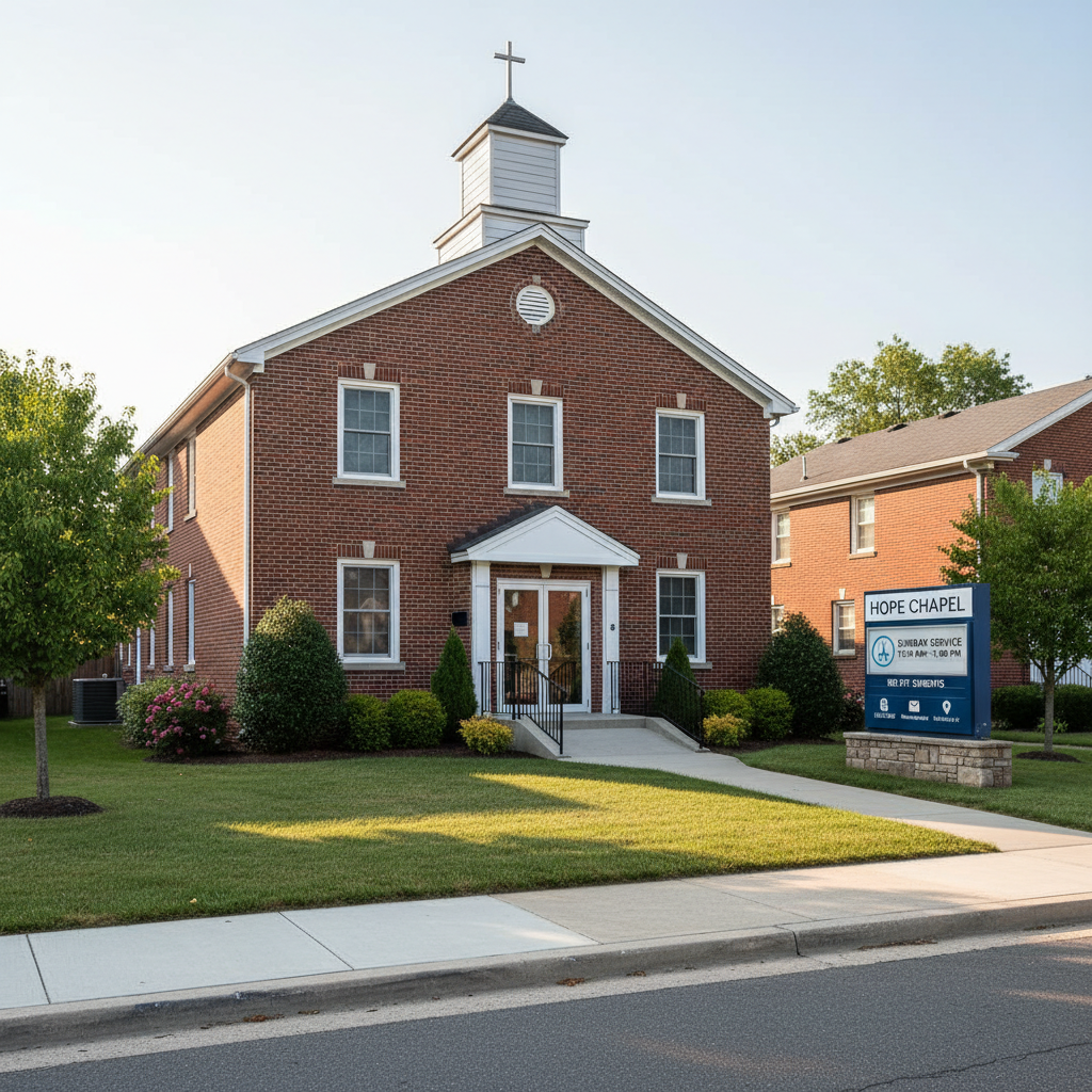 An exterior view of a modest brick church building on a quiet neighborhood street, captured on a bright but gentle afternoon. The church has a simple steeple, clean white trim, and a clearly visible main entrance with glass doors and a small ramp for accessibility. A neatly designed sign out front shows the church name, a visual icon for Sunday Service from 11:30am to 1pm, and an indication of no services on 5th Sundays, alongside stylized icons for phone, email, and a map pin to suggest contact and location. Soft, diffused sunlight casts gentle shadows on the lawn and shrubs. Photographic realism, slightly elevated angle, with a welcoming, calm, and professional mood, and crisp details in the landscaping and brick texture.