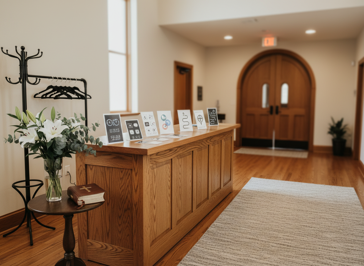 A welcoming church foyer interior with a long wooden welcome desk facing the viewer, topped with neatly arranged informational cards that visually indicate service times, contact methods, and a simple map icon for location, rendered as non-readable graphics. Beside the desk, a coat rack and a small table with a vase of fresh flowers and a decorative Bible create a homey feel. The flooring combines warm-toned wood with a clean neutral rug leading toward the sanctuary doors. Soft overhead lighting and natural light from a side window blend to create an inviting, professional ambiance. Photographic realism, eye-level composition with moderate depth of field, capturing clear details in the desk texture and décor while the hallway and doorways recede gently into a soft blur, suggesting an active yet peaceful church community space.