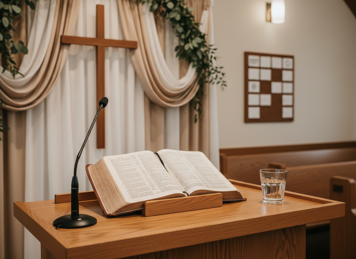 A close, detailed view of a wooden pulpit in a church sanctuary, the smooth oak surface catching soft warm light from overhead fixtures. An open Bible with subtly aged pages rests centered on the pulpit, with a small microphone and a discreet glass of water nearby. Behind, a simple cross and a neatly arranged backdrop of neutral-colored drapery and tasteful greenery suggest a calm, reverent setting. Along one side wall, a small wall-mounted board visually highlights Sunday service times and a 5th Sunday gap in the schedule, without using legible text. Photographic realism, shallow depth of field keeps the pulpit and Bible sharply in focus while gently blurring rows of empty pews in the background, creating an atmosphere of anticipation, worship, and focused teaching.