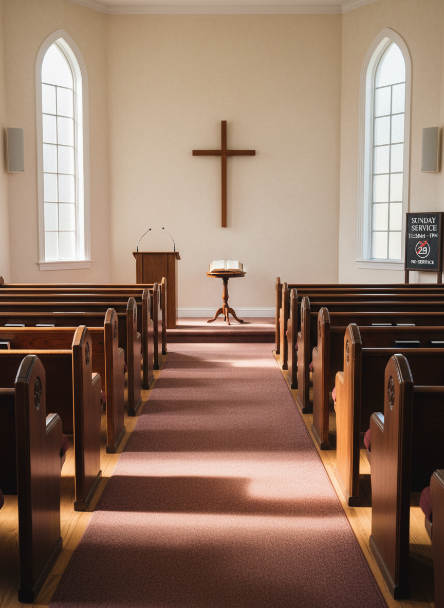 A warmly lit church sanctuary interior viewed from the back, focusing on polished wooden pews leading toward a simple wooden cross mounted on a cream-colored wall. At the front, a modest pulpit stands beside a small table with an open, well-worn Bible. Discreet signage near the entry area visually emphasizes “Sunday Service 11:30am–1pm” and a small calendar subtly marks no service on the 5th Sunday. Soft midday light filters through clear and lightly frosted windows, creating gentle highlights on the wood and carpet. The atmosphere feels peaceful, reverent, and inviting. Shot at eye level with photographic realism and sharp focus throughout, the composition uses leading lines of the pews to draw the eye to the cross and pulpit, suggesting a place of worship and community.