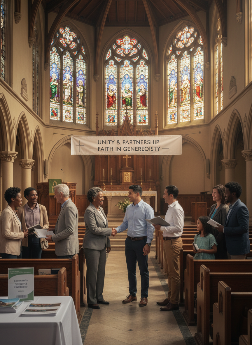 A warm and uplifting scene inside a beautiful church sanctuary. A diverse, mixed-race group of people — including Black, White, Hispanic, and Asian individuals — gathered together in partnership and community. Some are shaking hands, some are smiling and talking, conveying unity, faith, generosity, and the spirit of sponsors working together with the church. Soft warm lighting filters through stained glass windows. Professional yet heartfelt and inclusive atmosphere.